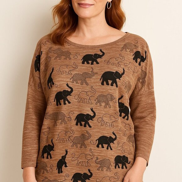 Pink Berry Elephant Print Brown Long Sleeve Shirt Medium Boho Casual - Picture 1 of 7